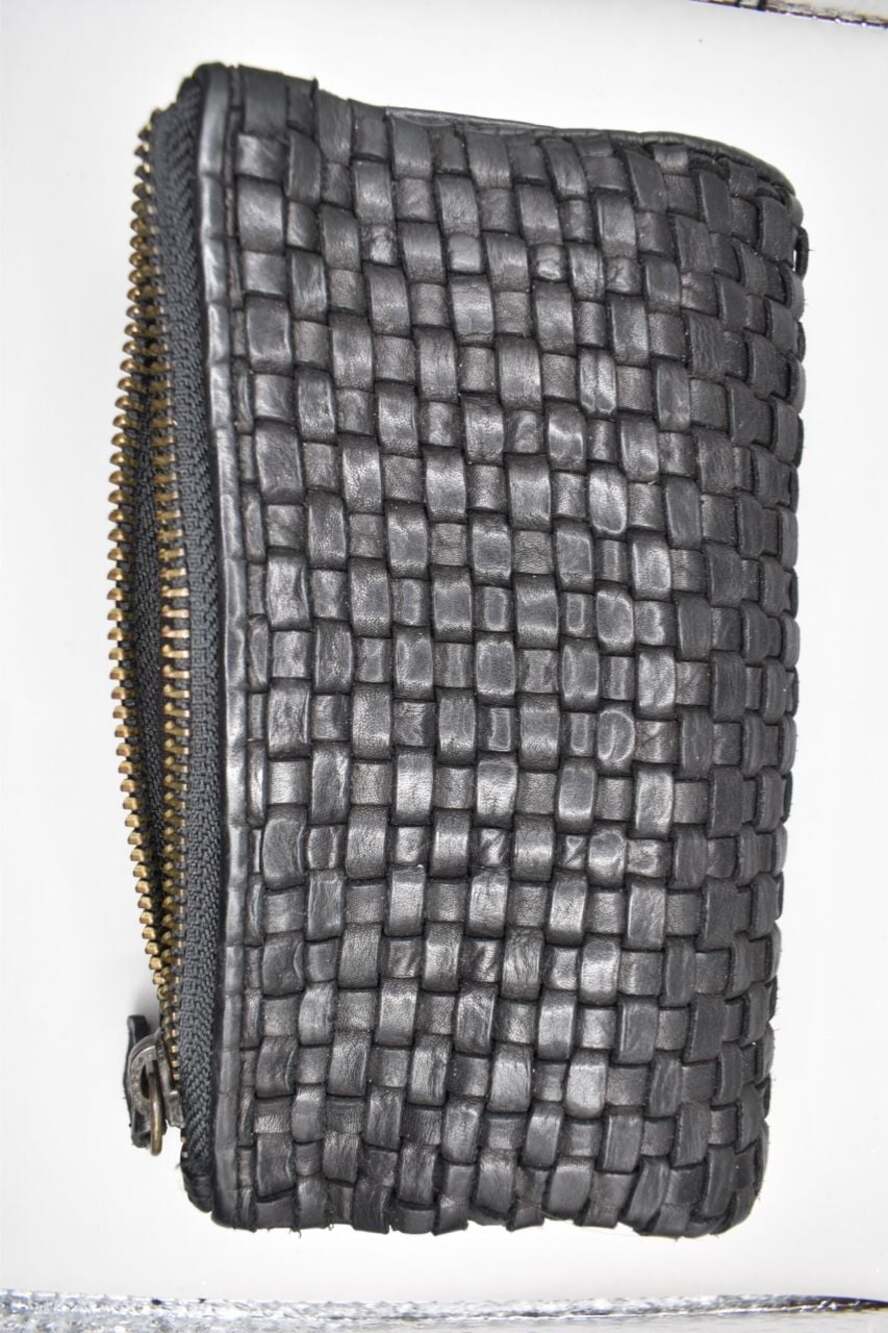 Ashwood Black Woven Genuine Leather Zip Around Wallet